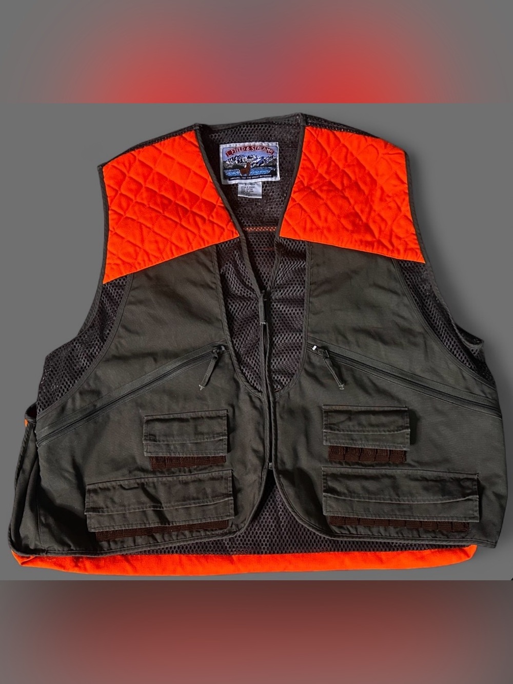 Field & Stream M Hunting Shooting Vest Florescent Orange & Brown Pockets Zipper